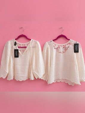 GIGI O Cream Crochet-Yoke Lightweight Peasant Blouse